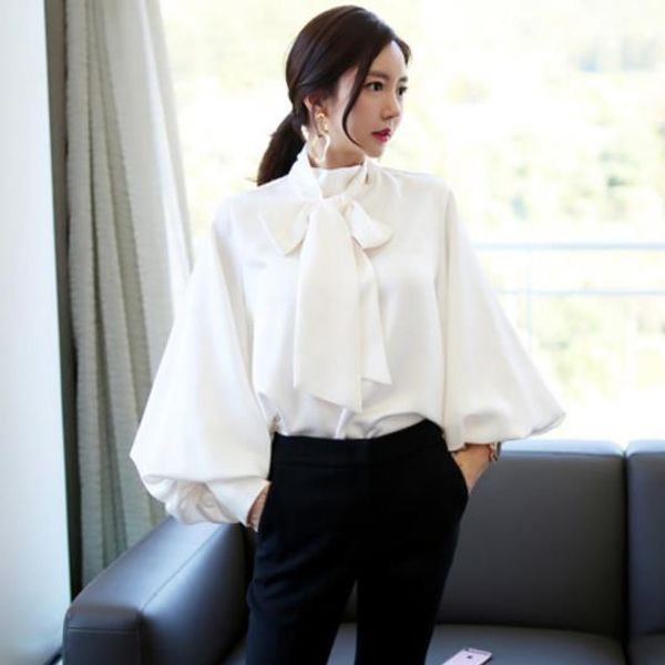 ladies office summer satin lantern sleeve shirt bow tie neck loose elegant robe harajuku blouse dv995, White
ladies office summer satin lantern sleeve shirt bow tie neck loose elegant robe harajuku blouse dv995, White