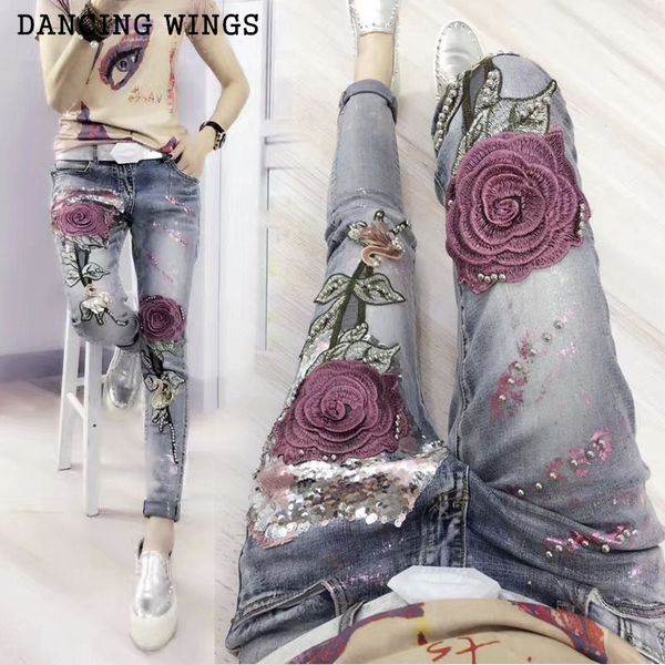personality women's pencil jeans spring rose embroidery fashion sequins elastic stretch trousers, Blue 
personality women's pencil jeans spring rose embroidery fashion sequins elastic stretch trousers, Blue