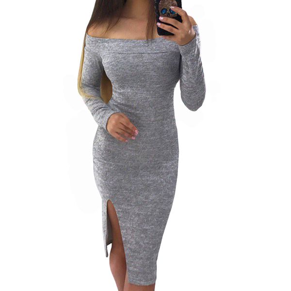 solid women dress slash neck slim robe dresses autumn winter dress side split bodycon party femme jumper gv079, Black;gray
solid women dress slash neck slim robe dresses autumn winter dress side split bodycon party femme jumper gv079, Black;gray