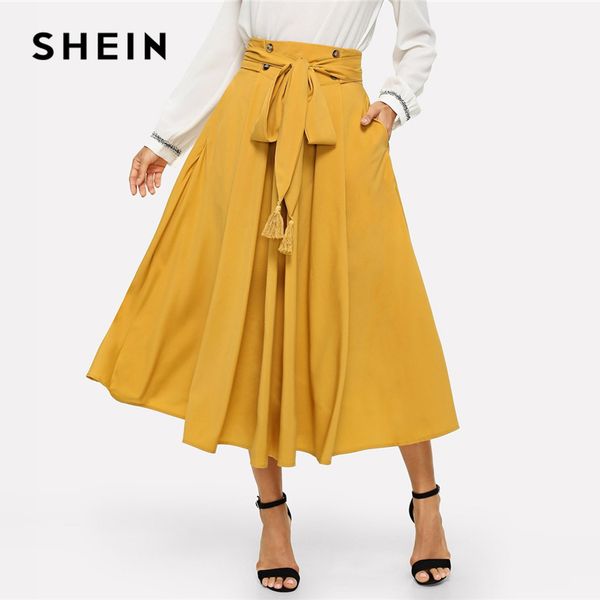 shein boho mustard tassel bow tie waist pocket side pleated a line plain skirt womens spring elegant casual long skirt, Black 
shein boho mustard tassel bow tie waist pocket side pleated a line plain skirt womens spring elegant casual long skirt, Black