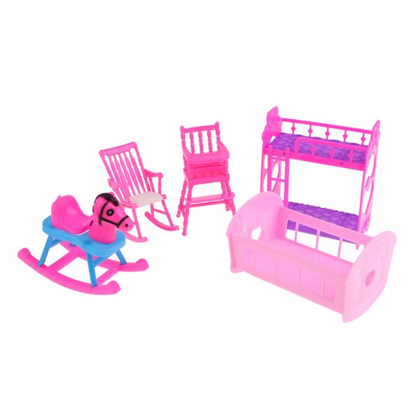 5pcs Dollhouse Miniature Rocking Horse Bunk Bed Single Bed Dining Chair