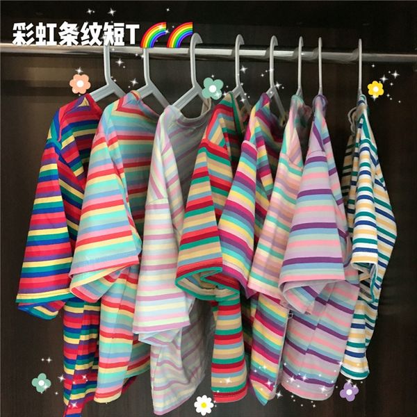season 2020 women's loose striped short-sleeved t-shirt student's short navel high waist ins fashion, White 
season 2020 women's loose striped short-sleeved t-shirt student's short navel high waist ins fashion, White
