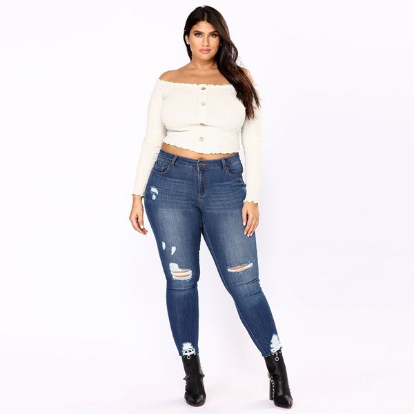 

yofeai new plus size 2xl-7xl jeans women fashion ripped jeans for women slim skinny pencil pant slim big size, Blue