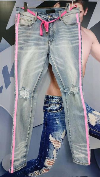 new arrival mens designer jeans ripped pink stripe vintage style hole fashion mens jeans slim motorcycle biker causal mens hip hop pants, Blue
new arrival mens designer jeans ripped pink stripe vintage style hole fashion mens jeans slim motorcycle biker causal mens hip hop pants, Blue