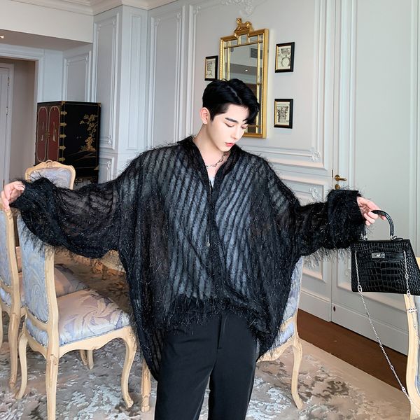 men long sleeve see through stripe loose casual shirt male women vintage fashion streetwear hip hop party dress shirts, White;black 
men long sleeve see through stripe loose casual shirt male women vintage fashion streetwear hip hop party dress shirts, White;black