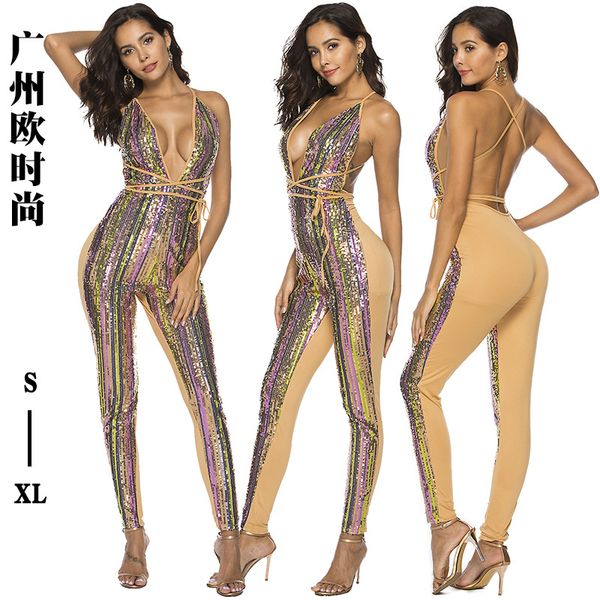 nes fashion deep v off shoulder multi color colorful sequin backless sleeveless strip halter rompers elegant party jumpsuit, Black;white
nes fashion deep v off shoulder multi color colorful sequin backless sleeveless strip halter rompers elegant party jumpsuit, Black;white