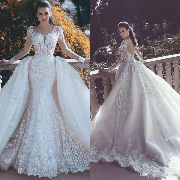 2020 new mermaid lace wedding dresses with detachable train sheer neck long sleeves beaded overskirt dubai arabic bridal gowns, White
2020 new mermaid lace wedding dresses with detachable train sheer neck long sleeves beaded overskirt dubai arabic bridal gowns, White