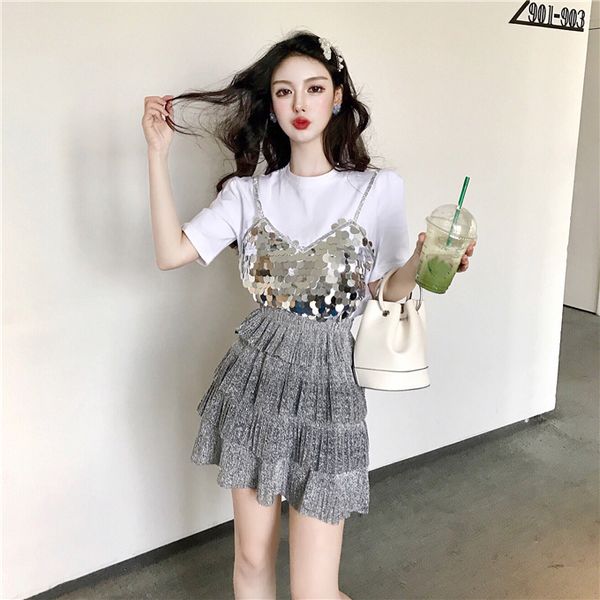 summer new korean edition sparkling sequins stitched short sleeve t-shirt female tide loose high waist layer cake skirt, White
summer new korean edition sparkling sequins stitched short sleeve t-shirt female tide loose high waist layer cake skirt, White