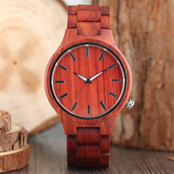 

luxury red wooden watch men's quartz wristwatch wood bangle watch band simple analog round dial folding clasp reloj masculino, Slivery;brown