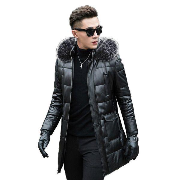 genuine leather duck down jacket men winter sheepskin coat fur collar hooded chaqueta cuero hombre ml-1204 kj1187, Black 
genuine leather duck down jacket men winter sheepskin coat fur collar hooded chaqueta cuero hombre ml-1204 kj1187, Black