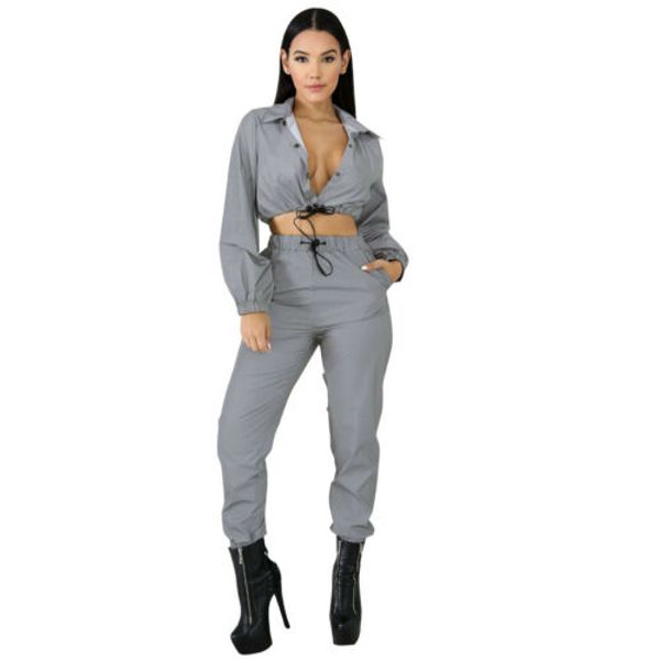 women crop pants sets two piece jumpsuit playsuit casual reflective outfits novelty sports flashing suits, White
women crop pants sets two piece jumpsuit playsuit casual reflective outfits novelty sports flashing suits, White