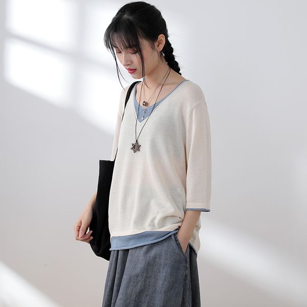 t-shirt women loose-fit slimming pullover knitted v-neck long-sleeved solid color fake two female clothes casual women, White
t-shirt women loose-fit slimming pullover knitted v-neck long-sleeved solid color fake two female clothes casual women, White
