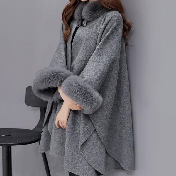 women's faux fur collar cloak woolen coats casual loose warm long female jacket winter fashion woolen blends cashmere ladies, Black
women's faux fur collar cloak woolen coats casual loose warm long female jacket winter fashion woolen blends cashmere ladies, Black