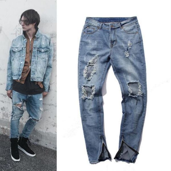 slp jeans light blue urban clothing kpop skinny ripped men's jeans