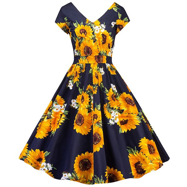 summer sunflower print women vintage dress v neck short sleeves empire retro dress elegant party 1960s feminino vestidos, Black;gray
summer sunflower print women vintage dress v neck short sleeves empire retro dress elegant party 1960s feminino vestidos, Black;gray