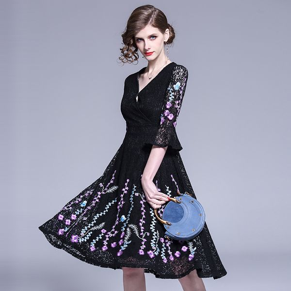 2019 spring summer fashion women's clothing flare three-quarter sleeves dresses flowers embroidery v-neck vintage dresses female, Black;gray
2019 spring summer fashion women's clothing flare three-quarter sleeves dresses flowers embroidery v-neck vintage dresses female, Black;gray