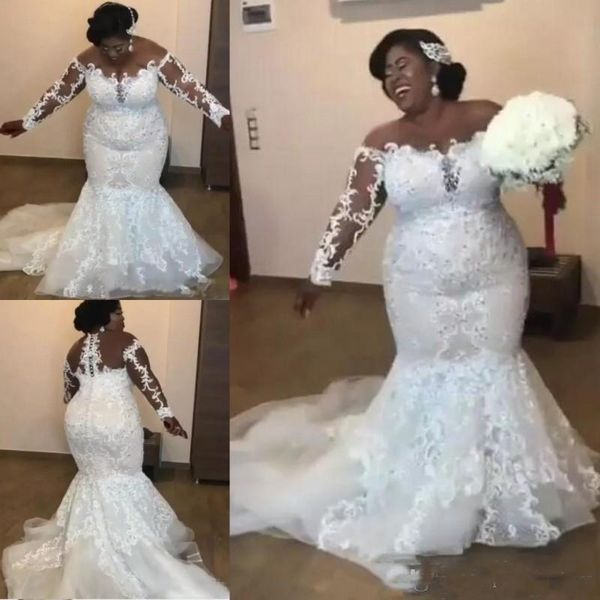 plus size mermaid wedding dresses 2019 off the shoulder sheer long sleeves bridal gowns tulle sweep train wedding vestidos custom made, White
plus size mermaid wedding dresses 2019 off the shoulder sheer long sleeves bridal gowns tulle sweep train wedding vestidos custom made, White