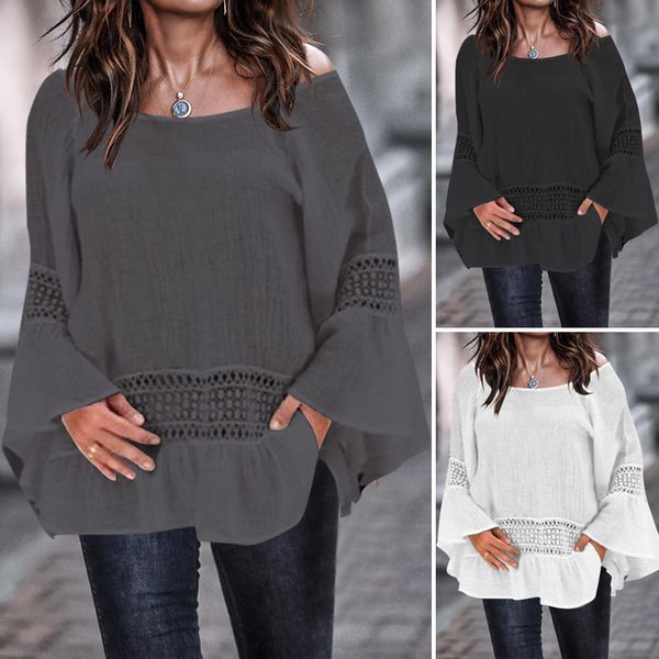 plus size women's blouses celmia 2019 autumn ladies tunic flare sleeve work shirts casual loose hollow lace blusas feminina, White 
plus size women's blouses celmia 2019 autumn ladies tunic flare sleeve work shirts casual loose hollow lace blusas feminina, White