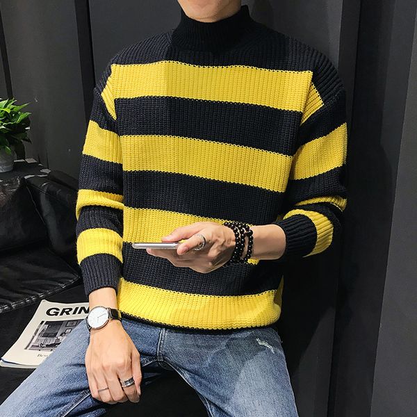 sweater men clothes autumn korean version of the trend of men's color-matching stripes loose thick half-collar student sweater, White;black 
sweater men clothes autumn korean version of the trend of men's color-matching stripes loose thick half-collar student sweater, White;black
