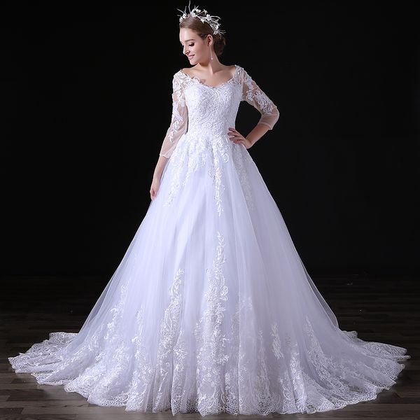 ma030 v-neck 3/4 sleeve white wedding dress a-line sweep train lace appliques wedding gowns vestidos de noiva sereia 
ma030 v-neck 3/4 sleeve white wedding dress a-line sweep train lace appliques wedding gowns vestidos de noiva sereia