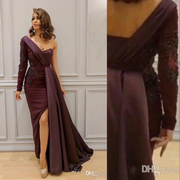 burgundy prom dresses one shoulder long sleeves lace appliques beaded side split ruched open back plus size evening wear party gowns, Black
burgundy prom dresses one shoulder long sleeves lace appliques beaded side split ruched open back plus size evening wear party gowns, Black