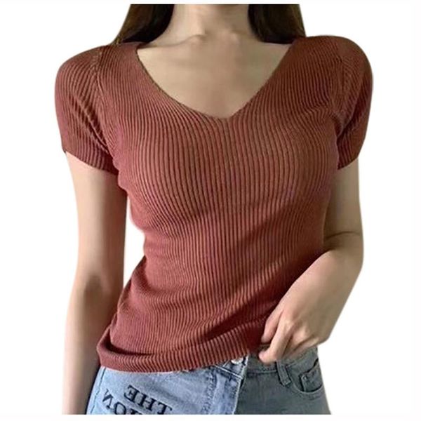 women t-shirt knitted v-neck short sleeve ladies solid t-shirt streetwear short sleeve tees camisetas mujer, White
women t-shirt knitted v-neck short sleeve ladies solid t-shirt streetwear short sleeve tees camisetas mujer, White