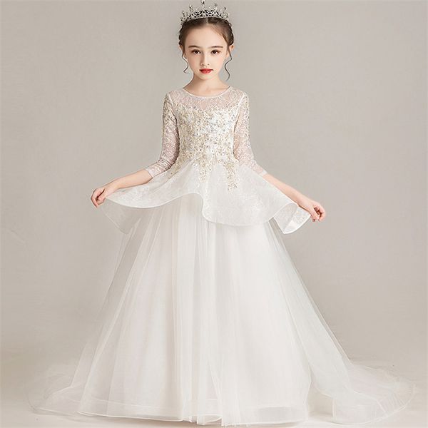 

2019new girls children elegant white color wedding birthday party princess long tail dress kids teens piano host fluffy dresses, Red;yellow