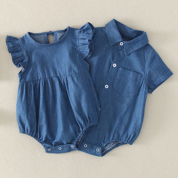 men and women newborn baby shirt collar flying sleeve denim romper baby sisters triangle romper, Blue
men and women newborn baby shirt collar flying sleeve denim romper baby sisters triangle romper, Blue