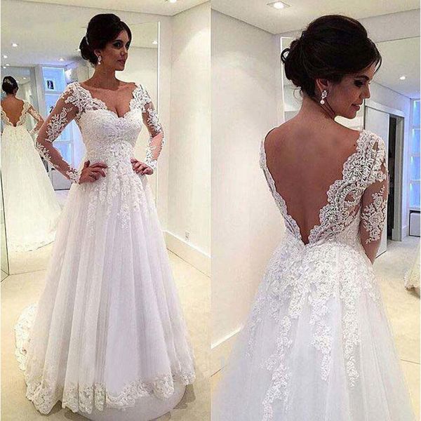 elegant v-neck long sleeve lace wedding dresses appliques with sweep train vintage wedding gowns low v back vestido de noiva, White
elegant v-neck long sleeve lace wedding dresses appliques with sweep train vintage wedding gowns low v back vestido de noiva, White
