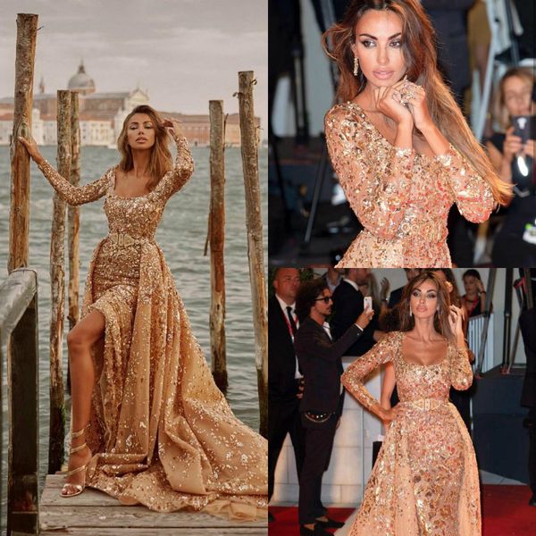 2020 luxurious gold prom dresses with detachable train scoop neck long sleeve sequined evening gowns custom made robes de soirée, Black
2020 luxurious gold prom dresses with detachable train scoop neck long sleeve sequined evening gowns custom made robes de soirée, Black