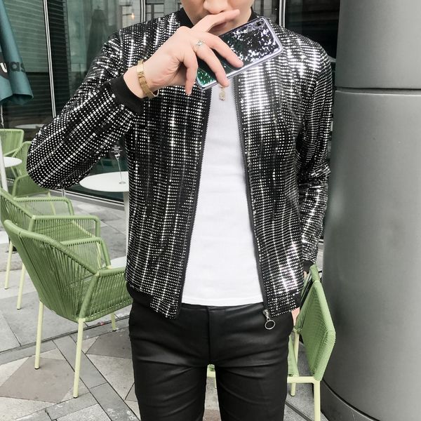 new men's jacket glitter dot sequins punk style summer thin outerwear male stage nightclub dancing slim fit fashion jacket men, Black;brown
new men's jacket glitter dot sequins punk style summer thin outerwear male stage nightclub dancing slim fit fashion jacket men, Black;brown