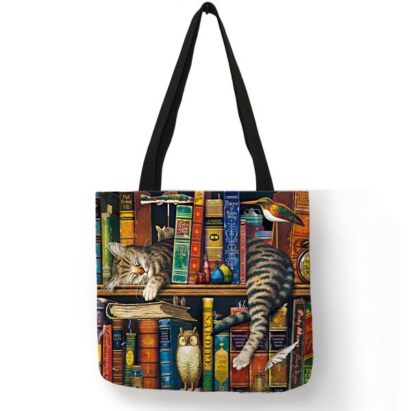 popular hand bags for women naughty bookshelf cat printing totes eco linen large capacity casual practical shoulder bag
popular hand bags for women naughty bookshelf cat printing totes eco linen large capacity casual practical shoulder bag