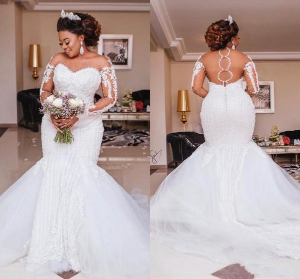 2020 new luxury mermaid wedding dresses sheer neck illusion lace appliques beads long sleeves hollow back african black girl bridal gowns, White
2020 new luxury mermaid wedding dresses sheer neck illusion lace appliques beads long sleeves hollow back african black girl bridal gowns, White
