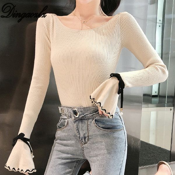 dingaozlz autumn women sweater new slim flare sleeve pullovers fashion knitted shirt sweater, White;black