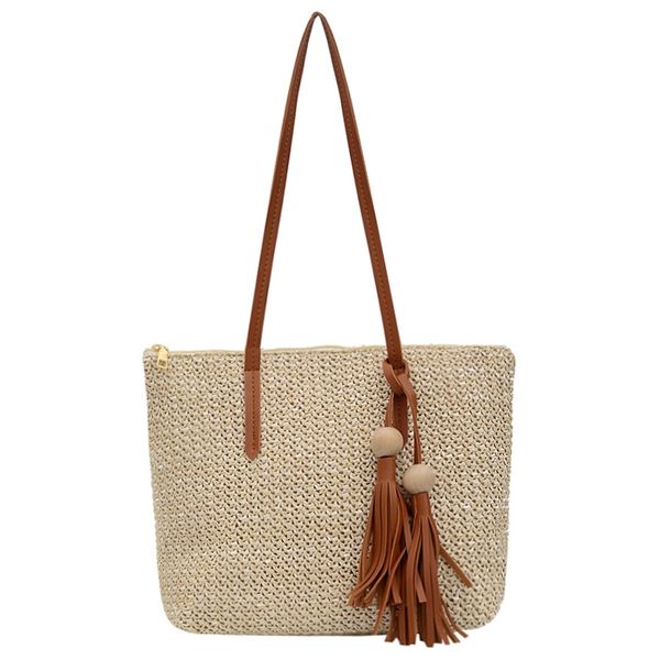 

women simple straw handbag shoulder bag tassels tote summer beach zipper shopping crossbody fashion travel messenger bag