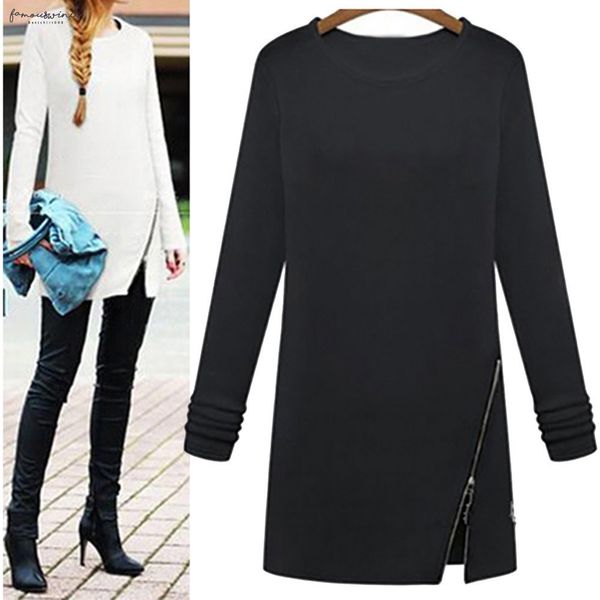 women female clothing long sleeve o neck female side split pullovers polyester zipper long regular solid winter blouse, White
women female clothing long sleeve o neck female side split pullovers polyester zipper long regular solid winter blouse, White