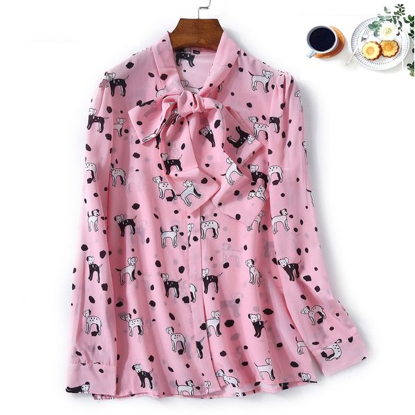 spring silk shirt women's original new pink puppy scarf collar loose thin long sleeve top, White 
spring silk shirt women's original new pink puppy scarf collar loose thin long sleeve top, White
