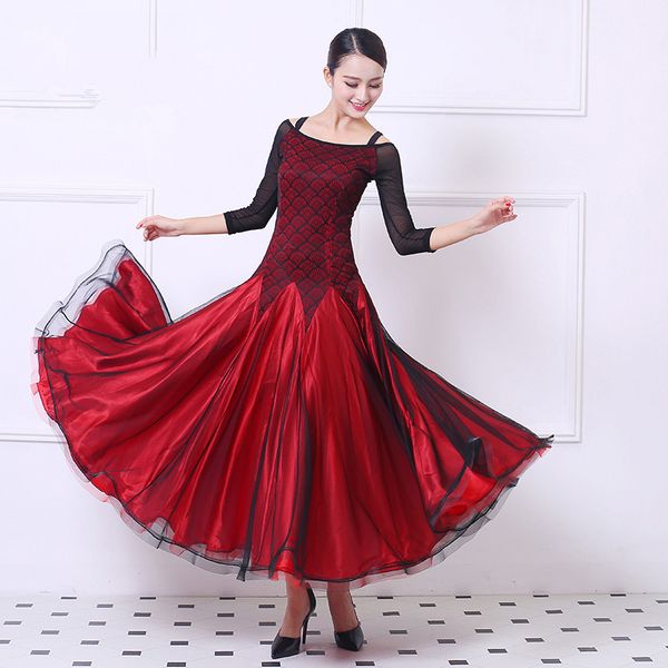 women national standard dance dress social dance practice dress waltz costume performance modern uniform, Black;red
women national standard dance dress social dance practice dress waltz costume performance modern uniform, Black;red
