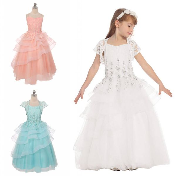 white lace beaded flower girl dress with embroidered design tulle ruffle tiered floor length straps girls pageant dresses with jacket, White;blue
white lace beaded flower girl dress with embroidered design tulle ruffle tiered floor length straps girls pageant dresses with jacket, White;blue