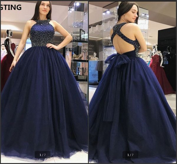 new arrival sparkly navy blue 2019 prom dress high neck a-line sleeveless cross back beading tulle prom gowns robe de soiree, Black
new arrival sparkly navy blue 2019 prom dress high neck a-line sleeveless cross back beading tulle prom gowns robe de soiree, Black
