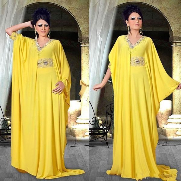 Arabic Middle East Evening Dresses Beaded Neck with Sash Pleats Yellow Chiffon Long Sleeves Party Formal Evening Dresses Prom Gowns