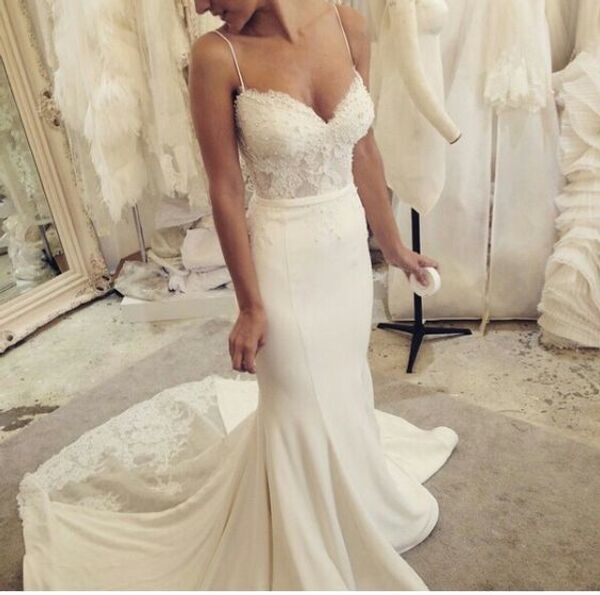 elegant lace mermaid wedding dresses with spaghetti straps applique beads lace satin court train wedding dress bridal gowns cheap, White
elegant lace mermaid wedding dresses with spaghetti straps applique beads lace satin court train wedding dress bridal gowns cheap, White