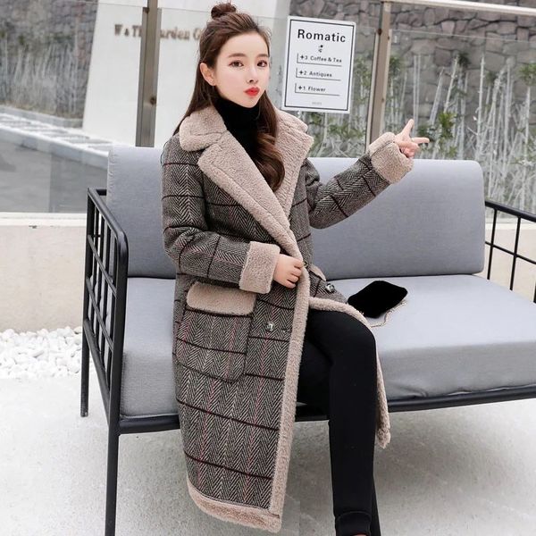new autumn winter women slim woolen coat korean style thick pocket long plaid coats casual plush faux lambs outerwear, Black
new autumn winter women slim woolen coat korean style thick pocket long plaid coats casual plush faux lambs outerwear, Black
