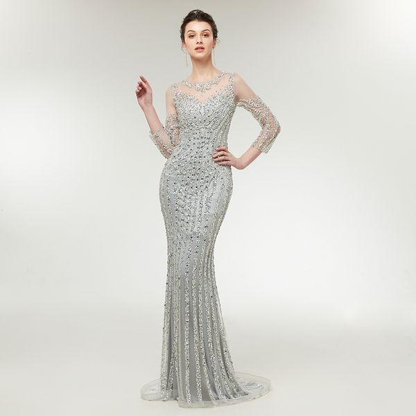 real image gray silver mermaid prom dresses sheer jewel neck crystal beading illusion sweep train evening dress party pageant formal gowns, Black
real image gray silver mermaid prom dresses sheer jewel neck crystal beading illusion sweep train evening dress party pageant formal gowns, Black