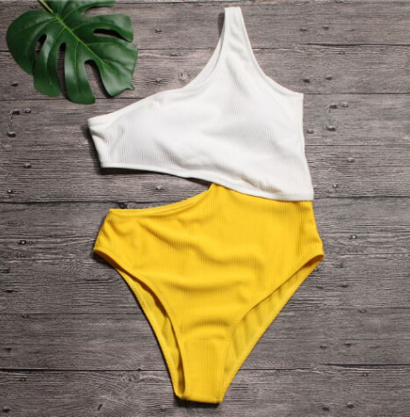 white yellow high waist cut out trikini ribbed bathing suit monokini asymmetric shoulder swimwear women one piece swimsuit, White;black
white yellow high waist cut out trikini ribbed bathing suit monokini asymmetric shoulder swimwear women one piece swimsuit, White;black