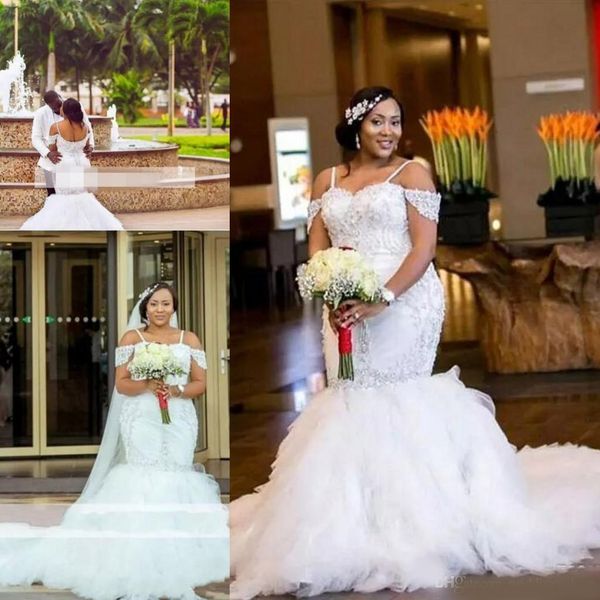 2020 african plus size wedding dresses spaghetti straps lace appliques beadding capped mermaid tiered tulle long bridal gowns wedding dress, White
2020 african plus size wedding dresses spaghetti straps lace appliques beadding capped mermaid tiered tulle long bridal gowns wedding dress, White