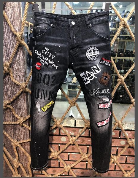 2019 fashion casual men s denim biker jean embroidery pants holes jeans button pants d2 long trousers, Blue 
2019 fashion casual men s denim biker jean embroidery pants holes jeans button pants d2 long trousers, Blue