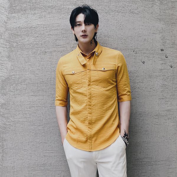 men's casual shirts british style solid color shirt slim fit men prom club tuxedo dress 3xl summer half sleeve yellow, White;black
men's casual shirts british style solid color shirt slim fit men prom club tuxedo dress 3xl summer half sleeve yellow, White;black