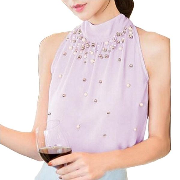 stylish women solid color sleeveless mock neck halter blouse beads chiffon top, White
stylish women solid color sleeveless mock neck halter blouse beads chiffon top, White