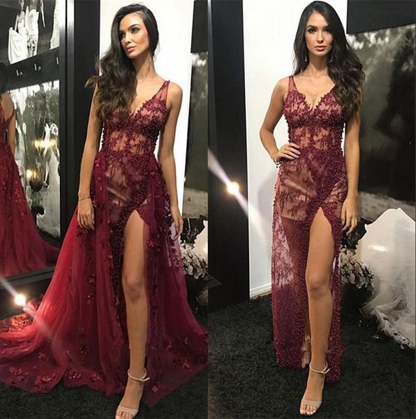 2019 v neck lace mermaid long evening dresses split ruched beaded illusion sweep train formal party red carpet prom gowns with over skirts, Black;red
2019 v neck lace mermaid long evening dresses split ruched beaded illusion sweep train formal party red carpet prom gowns with over skirts, Black;red